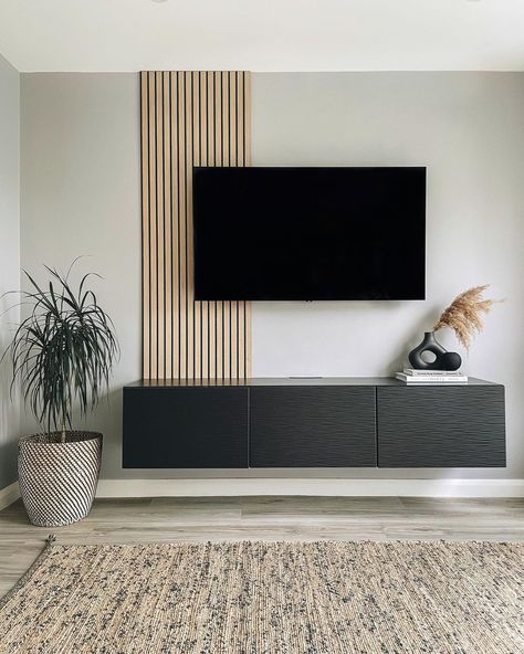 Alina | Home interiors on Instagram: “The TV wall is finished! ✨ Love how our new wood wall panel compliments the makeover of this area 🖤 . . . . . . #woodwall #acupanel…” Feature Wall Living Room, Living Room Designs Small Spaces, Apartment Living Room Design, Living Room Design Decor, Home Design Living Room, Living Room Tv Wall, Paint Colors For Living Room, Decor Home Living Room, Living Room Decor Apartment