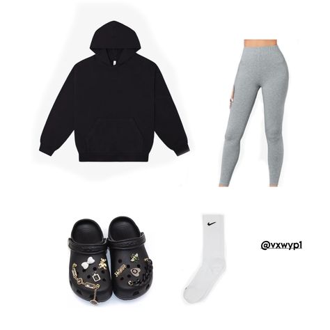 Wolf Grey 13s Outfit, Outfit Ideas With Grey Leggings, Gray Leggings Outfit Black Women, Cute Bummy Outfits Baddie, Outfit Ideas With Black Crocs, What To Wear With Grey Leggings, Bummy Outfits Black Women, Gray Leggings Outfit Baddie, Outfits With Crocs For School