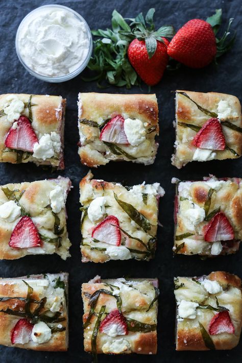 Strawberry, Basil, & Goat Cheese Focaccia — Probably This Goat Cheese Bread, Basil Goat Cheese, Cheese Focaccia, Baking Strawberry, Strawberry Goat Cheese, National Cheese Lovers Day, Broccoli Recipes Side Dish, Christmas Recipes For Kids, Indian Rice Recipes