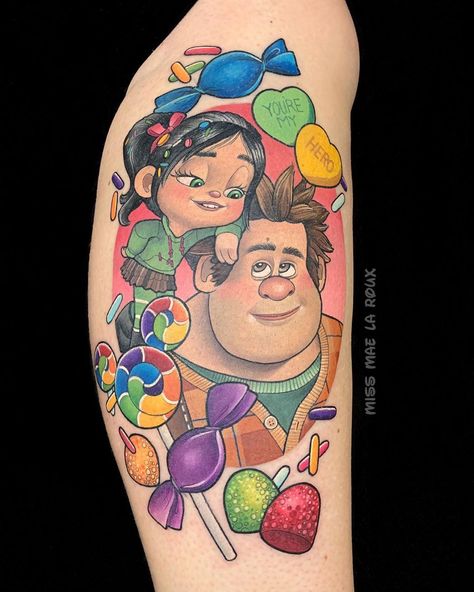 Mae La Roux on Instagram: “You’re my hero 💜🏅🎮 🍭 #wreckitralph #wreckitralphtattoo #vanellopevonschweetz #candycrush #candy #candytattoo #lollipop #gumdrop #sprinkles…” Wreck It Ralph Tattoo, Candy Tattoo, Vanellope Von Schweetz, Wreck It Ralph, Disney Tattoos, My Hero, Lollipop, Portrait Tattoo, Sprinkles