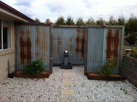 Corrugated Iron Fence, Decorative Privacy Fence, Fence Decorating Ideas, Corrugated Metal Fence, Diy Privacy Fence, Corrugated Iron, Rustic Fence, Fence Wall, Privacy Fence Designs