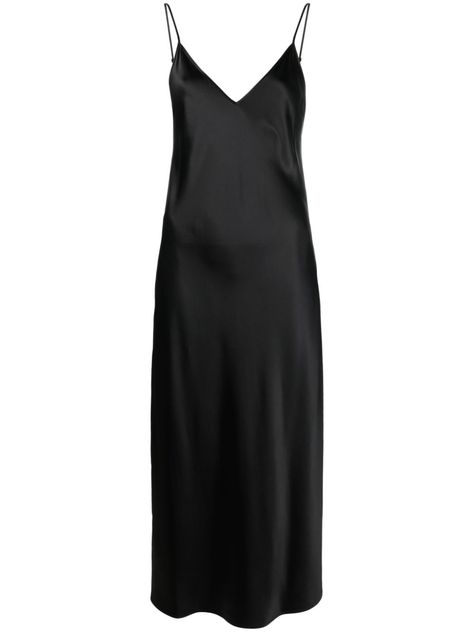 black silk satin flared design plunging V-neck square open back spaghetti straps straight hem ankle-length Long Black Satin Dress, Minimal Chic Style, Osage County, Black Silk Dress, Silk Dresses, Black Satin Dress, Minimalist Dresses, Flared Dress, Camel Coat