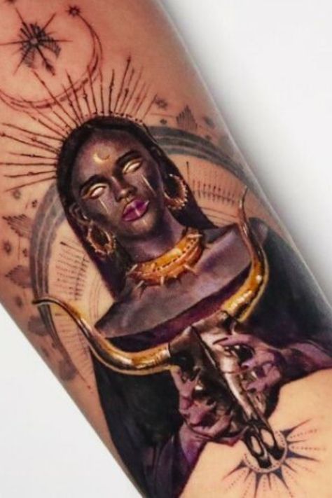 African Goddess Tattoos History & Symbolism African Goddess Tattoo, Black Goddess Tattoo, Egyptian Goddess Tattoo, Goddess Tattoos, African Tattoo, African Goddess, Boho Tattoos, Goddess Tattoo, Intricate Tattoo