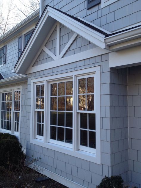 Grey Siding White Trim, Hardie Board House, House Trim Exterior, Hardie Shingle Siding, Coastal Exterior, Grey Siding, Shingle House, Black Roof, Modern Lake House