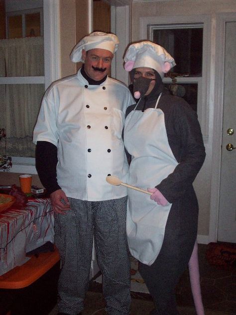 Chef and ratatouille Chef And Ratatouille Costume, Ratatouille Cosplay, Ratatouille Costume, Pub Golf, Rat Costume, Ratatouille Disney, Chef Costume, Cosplay Couple, Future Costume