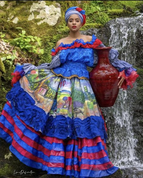 Haitian Cultural Clothing, Dominican Culture Clothing, Traditional Jamaican Clothing, Traditional Haitian Clothing, Haitian Karabela Dress, Brazilian Dress Traditional, Karabela Dress Haiti, Dominican Dress, Haiti Aesthetic