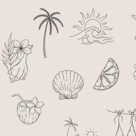 shelleytattoos on Instagram: "some beachy flash for you guys! 🌞🐚🍋🥥🌴✨  designs are all repeatable, deals for multiples! pop me a dm to book!🫶🏼  #tattooinspo #tattooideas #finelinetattoo #tattoos  #lineworktattoo #tattoolovers #tattooflash #littletattoos #smalltattoo #girlytattoos #tattoolove #trurotattoo #newquaytattoo #flashtattoo #tattoosofinstagram #killerink #inked #cornwalltattoo #tattooflash #beachtattoo #holidaytattoo #summertattoo #tinytattoos #wavetattoo #shelltattoo #floraltattoo" Beach Inspired Tattoos For Women, Beachy Sleeve Tattoo, Wave Ocean Tattoo, Hawaiian Fine Line Tattoo, Beach Flash Tattoo, Coastal Doodles, Fine Line Beach Tattoo Ideas, Feminine Flash Tattoo, Simple Beach Tattoos