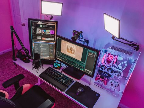 Gaming Set Up, Pc Gaming Setup Aesthetic, Twitch Streamer Aesthetic, Stream Setup, Gaming Desk Setup, Computer Gaming Room, Gamer Setup, Home Studio Setup, Gamer Room Decor