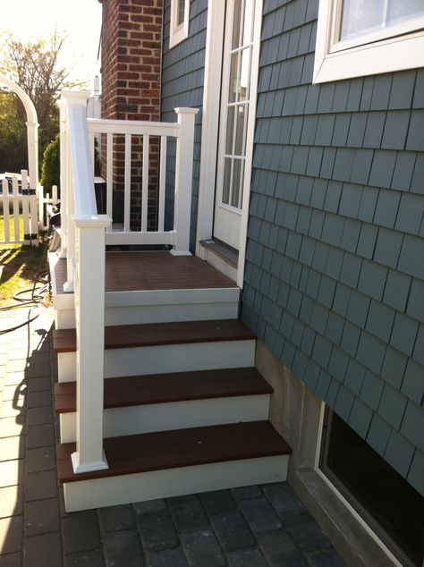 Decking Platform, railing and steps. Decks, Landscaping, Side Porch, Custom Decks, Deck Garden, Composite Decking, Railing, A House, Front Door