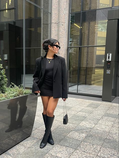 Long Black Boots Going Out Outfit, Blazer Skirt Knee High Boots, Blazer And High Boots, Black Skirt And Black Blazer Outfit, Lbd Knee High Boots, Bellow Knee Boots Outfit, Dressy Outfits With Knee High Boots, Blazer Dress And Boots Outfit, Long Heeled Boots Outfit