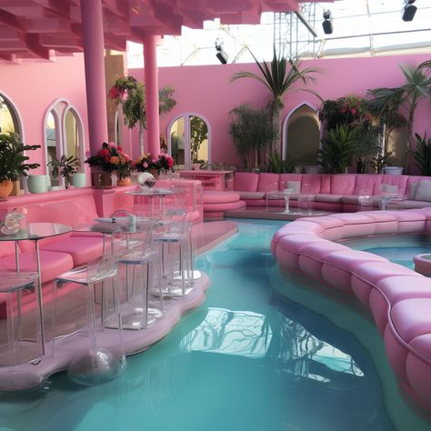 Cool Mansion Rooms, Pink Bar Aesthetic, Barbie Restaurant, Pink Modern Mansion, Pink Nightclub Aesthetic, Vaporwave Pool, Vaporwave Pool Aesthetic, Pink Pool, I Love Pink