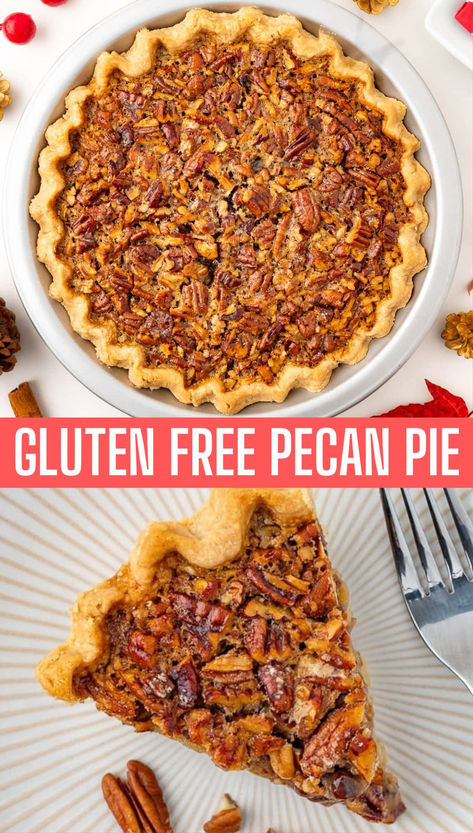 A slice of pecan pie and a photo of the pie. Low Sugar Pecan Pie Recipe, Low Sugar Pecan Pie, Gluten Free Pie Crust Easy, Gluten Free Pecan Pie Recipe, Dairy Free Pecan Pie, Pecan Pie Crust Recipe, Healthy Pie, Sugar Free Pecan Pie, Gluten Free Desserts Thanksgiving