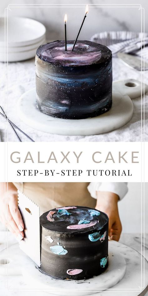 Galaxy cakes are so beautiful but who wants to spend time making that mirror glaze and have it not turn out!? No one so I made American Buttercream Galaxy Cake which is so much easier than you think! Galaxy Cakes, 4de Verjaardag, American Buttercream, Dessert Oreo, Galaxy Cake, Torte Cupcake, Star Wars Cake, Mirror Glaze, Cake Decorating Tips