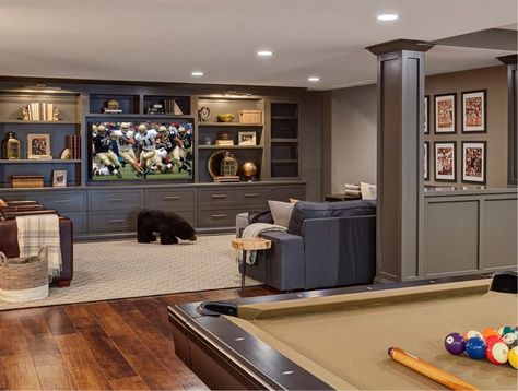 Pony walls – how to use half walls to define individual spaces Basement Tv Rooms, Transitional Basement, Gray Basement, Transitional Family Room, Basement Decoration, Basement Designs, Dream Basement, House Basement, Half Walls