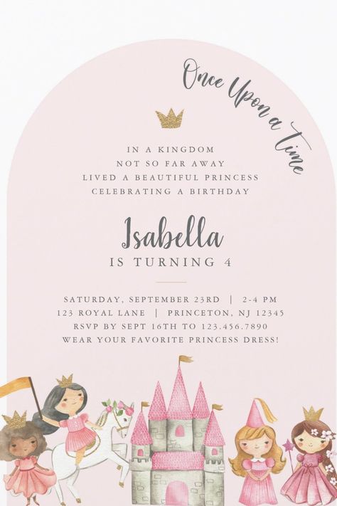 Princess Birthday Party Invitations for Girls Kids Birthday Invitation Card, Fairytale Birthday Party, Fairytale Birthday, Princess Birthday Party Invitations, Princess Party Invitations, 2nd Birthday Party For Girl, Disney Princess Birthday Party, Princess Theme Birthday, Invitation Card Birthday