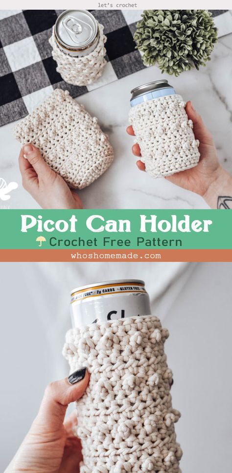 Crochet Projects With Small Yarn, Crochet Can Holder, Free Crochet Can Cozy Patterns, Crochet Cup Holder Free Pattern, Small Crochet Items To Sell, Can Cozy Crochet Pattern Free, Crochet Drink Holder, Crochet Koozies, Sports Crochet