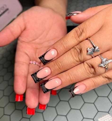 Acrylic Nail Designs Red Bottoms, Red Bottoms Nails Acrylic, Red Bottoms Nails Black, Long Square Acrylic Nails Red And Black, Short Black Red Bottom Nails, Bottom Color Nails, Short Black Acrylics With Design, Red Black And White Acrylic Nails, Black Frenchies With Red Bottoms Nails