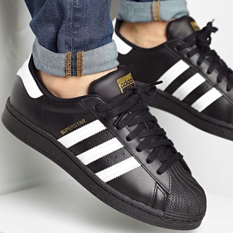 Adidas Superstar Sneaker Men, Black High-top Adidas Skate Shoes, Superstars Black Shoes, Black Leather Adidas High-top Sneakers, Curry Basketball Shoes, Black Adidas Shoes Superstar, Gold Trainers, Adidas Star, Adidas Superstar Black