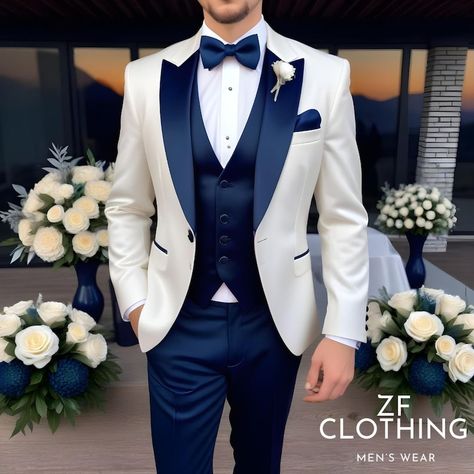 White And Blue Groom Suit, Blue And Gold Tuxedo Wedding, Tuxedo Colors For Wedding, Men's Suits Wedding, Engagement Look For Groom, Mens Blue Wedding Suits, Royal Men Outfit, Men’s Tuxedo Wedding, Prom Styles For Men