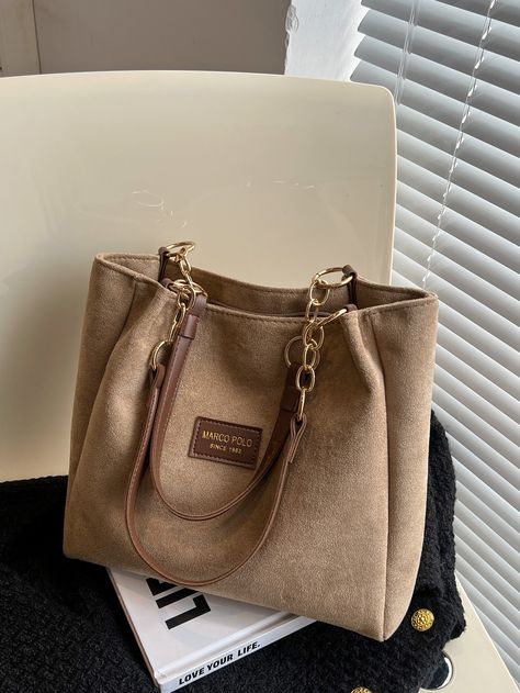 Khaki Casual,Fashionable Collar  Fabric Colorblock,Letter Shoulder Tote Bag Embellished   Women Bags Handbags For School, Suede Tote Bag, Bandeau Tops, Everyday Handbag, Beg Tangan, Suede Tote, Suede Fashion, Casual Tote, Shoulder Tote Bag