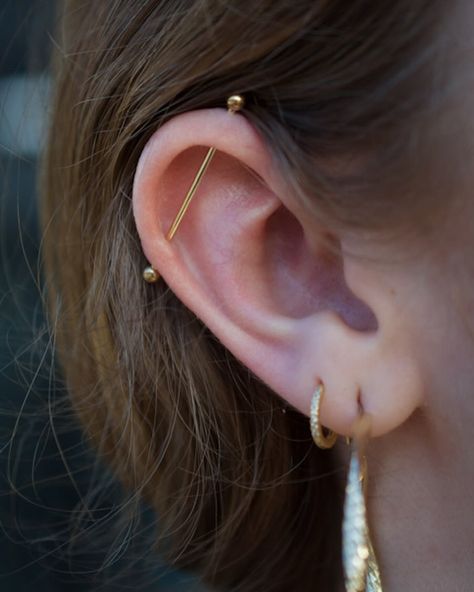 Check out Lilith’s sweet new industrial piercing, expertly performed by Elise and styled with classic 14k solid gold 🔱 Thanks for stopping by Lilith! Start your weekend off right! Sara, Liz, & Em will be here 12-8pm for all your piercing + jewelry fancies 🦋 Industrial Piercing Jewelry Gold, Piercings Oreja Industrial, Industrial Pericing, Cute Industrial Piercing Jewelry, Dainty Industrial Piercing, Ear Piercing Industrial, Industrial Piercing Aesthetic, Gold Industrial Piercing, Cute Industrial Piercing