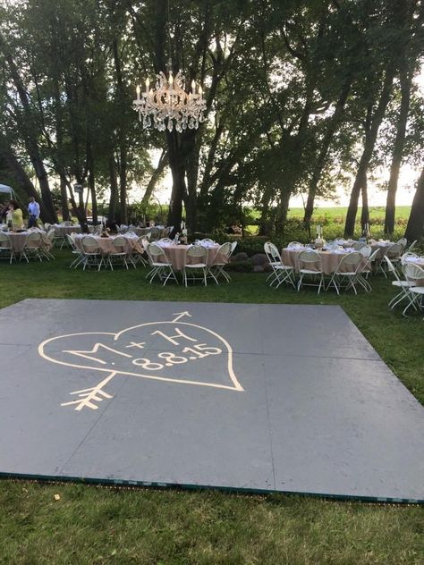 December Backyard Wedding Ideas, Wedding Dance Floor With Initials, Chandelier For Outdoor Wedding, Building A Dance Floor, How To Build A Dance Floor For Wedding, Easy Dance Floor Diy, Painted Dance Floor Wedding, Backyard Wedding Dancefloor, Dance Floor Wedding Decor