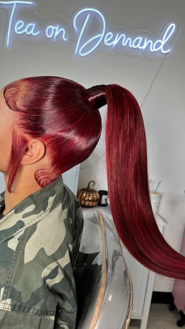 Red Double Frontal Ponytail, Burgundy Frontal Ponytail, Pink Frontal Ponytail, 99j Ponytail, Red Frontal Ponytail, Burgundy Hair Ponytail, Burgundy Ponytail Black Women, Red Ponytail Hairstyles For Black Women, Maroon Braids