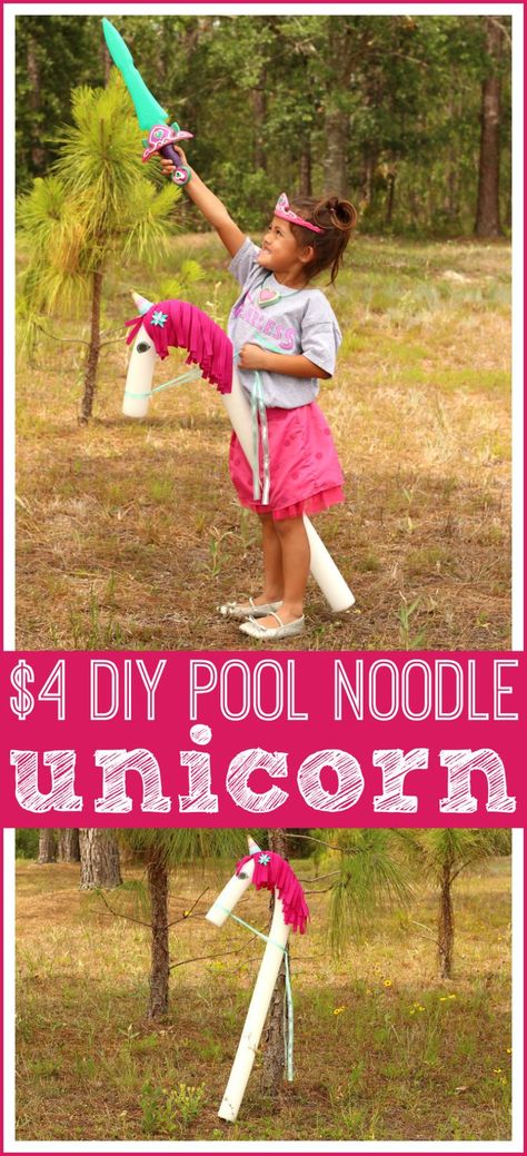 Easy Pool Noodle Unicorn DIY, made for under $4 | Craft your own horse or unicorn out of pool noodles, just like Trinket from Nella the Princess Knight #nellatheprincessknight #unicorn #kidscraft #kidscrafts #kidsactivities #diy #crafts #craftsforkids Pool Noodle Unicorn Diy, Pool Noodle Horse, Caroline Birthday, Noodle Horse, Nella The Princess Knight, Knight Birthday Party, Unicorn Diy, Princess Knight, Pool Noodle Crafts