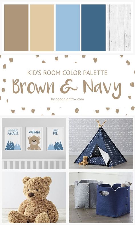 Brown & Navy Color Palette | Boy's Room Color Palette | Baby Boy | Modern Nursery Color Palette | Teddy Bear Kids Room | Navy & Brown | Modern Nursery Nursery Ideas Neutral Color Palettes, Teddy Bear Color Palette, Baby Boy Color Schemes, Brown And Blue Nursery, Toddler Boy Room Colors Schemes, Boy Room Color Palette, Boy Nursery Colors Palette, Boy Baby Shower Color Scheme, Nursery Color Palette Boy