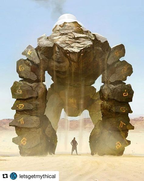 #Repost @letsgetmythical ・・・ Huge rock golem in the desert. I think this great beast was just erected from the earth by the little man standing in front, and the sand falling off the golem. Wish I knew what those symbols meant on the arms  Full credit for this piece goes to leopardsnow of DeviantArt 다크 판타지, Monster Concept Art, Fantasy Monster, Creature Concept Art, Fantasy Concept Art, Arte Fantasy, 판타지 아트, Creature Concept, Monster Art