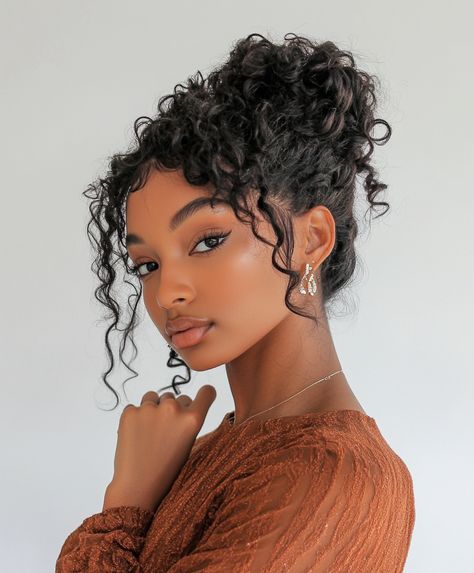 👱 Glamorous Braids Updo Hairstyle: Vibrant Curly Updo With Braid Look Curly Updo Bridesmaid, Natural Buns For Black Women, Curly Girl Updo Hairstyles, Curly Hair Formal Updo, Curly Bun With Bang, Afro Hair Updo, Formal Curly Updo, Natural Curly Updo Hairstyles, Formal Natural Hairstyles