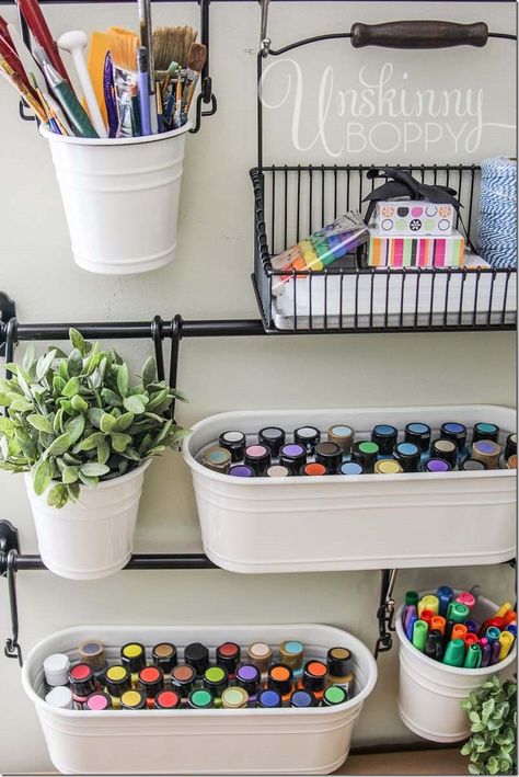 Store art supplies in hanging buckets from IKEA for easy craft room organization... Playroom by art desk? Dream Craft Room, Creative Organization, Paint Storage, Scrapbook Room, Craft Area, Office Crafts, Craft Room Storage, Craft Room Office, Sewing Rooms