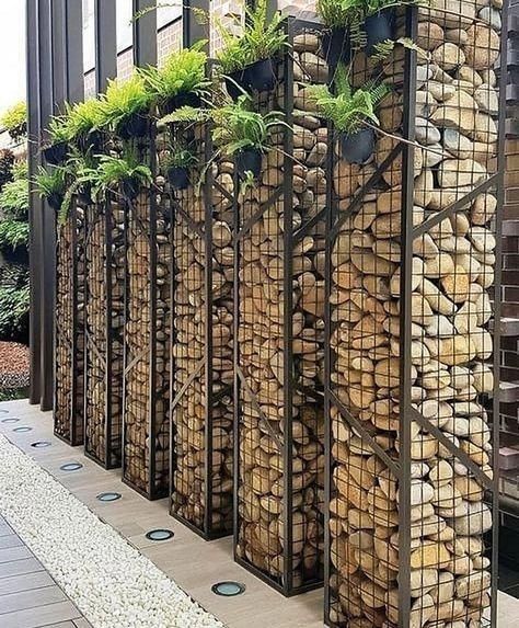 @topdezigners Gabion Columns, Pavillion Ideas, Wall Waterfall, Gabion Fence, Diy Garden Fence, Gabion Wall, Front Yard Design, Front Yard Fence, Vertical Gardens