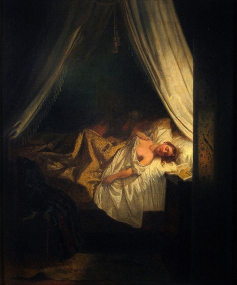 Early nineteenth century woman having a restless sleep in bed a book with the title the vampire lies on her bedside table Gothic Painting Victorian, Vampires Painting, Gothic Art Victorian, Vampire Painting, Woman Sleeping, Harry Osborn, Carpe Noctem, Gothic Books, Eugène Delacroix