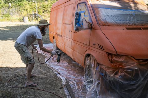 A DIY Guide To Painting Your Van With Bed Liner — The Wandering Woods Van With Bed, Van Storage Ideas, Bed Liner Paint, Van Storage, Bed Liner, Gloss Paint, Light Coat, Sprinter Van, Drop Cloth