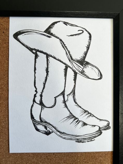 Cowgirl Sketch Pencil Drawings, Cowboy Boots With Hat Tattoo, Country Sketches Easy, Cowgirls Drawing, Cowboy Boots Drawing Reference, Cowboy Boots Sketch, Cowboy Boot Drawing Easy, Cowboy Boot Sketch, Cowboy Drawing Easy