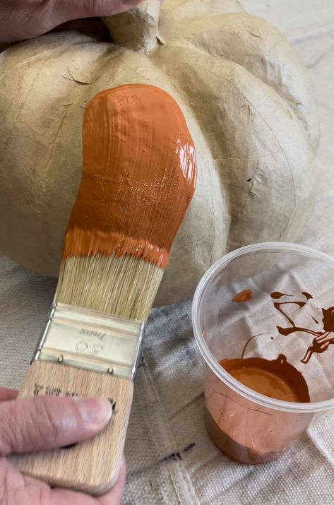 How To Paint Paper Mache Pumpkins, Paper Mache Pumpkin Ideas, Painting Paper Mache Pumpkins, Decorating Paper Mache Pumpkins, Paper Mache Pumpkins Painted, Pottery Barn Fall 2024, Faux Pumpkins Decorating, Diy Outdoor Pumpkins, Bundt Pan Pumpkin Craft