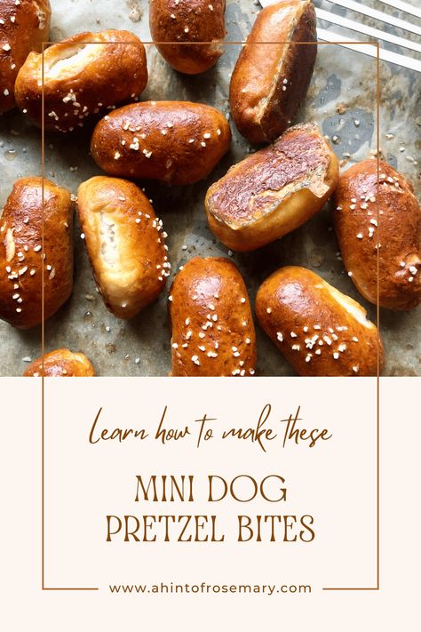 These Mini Dog Pretzel Bites are similar to the popular pigs-in-a-blanket. But way better. With a more substantial wrap that is both chewy and salty. An awesome pairing. 🌿 A Hint of Rosemary #ahintofrosemary #snacks #crowdpleaser #quickandeasy #bread #appetizer #beef Crowd Pleaser, Mini Dogs, Pretzel Bites, Rosemary, Kid Friendly, Bread, Snacks, Dogs