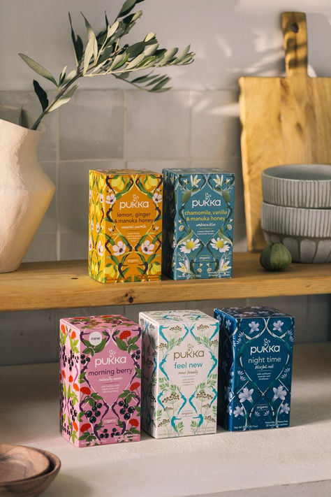 Our premium range of organic herbal teas are not only a delicious way to feel more connected to nature, but the union of their designs together turn into a beautiful rainbow for your shelf too 🌈 #Pukka #PukkaHerbs #TeaCollection #shelfie Tea Content Ideas, Tea Packaging Photography, Tea Product Photography, Tea Campaign, Premium Tea Packaging, Organic Tea Packaging, Herbal Tea Photography, Photography Tea, Twg Tea