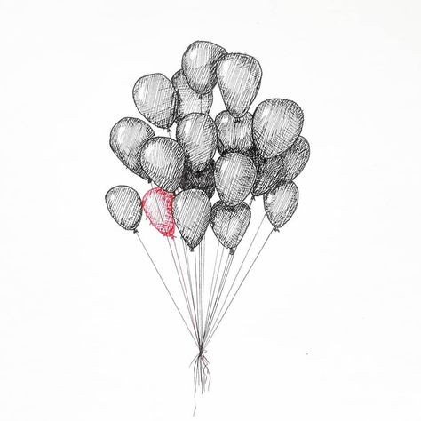 Ballon Sketch, Ink Illustrations Sketchbooks, Balloons Sketch, Balloon Sketch, Balloons Drawing, Balloon Drawing, Balloon Tattoo, Theme Board, Inktober 2023