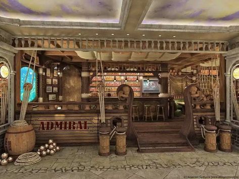 Pirate Kitchen, Pirate Playroom, Old West Decor, Themed Hotels, Pirate Bar, Pirate Core, Pirate Halloween Party, Nautical Bar, Nautical Interior