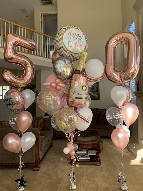 Rose Gold And Pink 50th Birthday Party, Party Ideas For Moms Birthday, 60th Birthday Ideas For Mom Rose Gold, Rose Gold 90th Birthday, 50th Birthday Ideas For Women Balloons, 50th Bday Party Decor Ideas For Women, 50 Birthday Balloon Bouquet, 50th Birthday Ballons Decoration, 51st Birthday Ideas Women Party