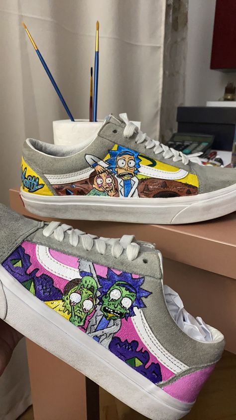 acrylic paint on vans old skool Vans Custom Ideas Old Skool, Painted Vans Old Skool, Hand Painted Vans Custom, Painted Vans Clogs & Mules, Vans Slip On Artwork, Rick And Morty, Vans Old Skool, Old Skool, Acrylic Paint