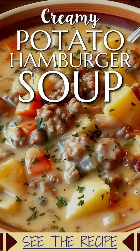 Creamy Potato Hamburger Soup - hearty homemade soup with ground beef for Fall school night dinners or quick easy make ahead winter weeknight meals from Easy Soup Recipes With Few Ingredients To Make Ahead and Freeze Hamburger Potato Cheese Soup, Soups For One Or Two, Easy Quick Soup Recipes Simple, Slow Cooker Hamburger Potato Soup, Hamburger Soup With Potatoes, Hamburg Soup Recipes Ground Beef, Quick Easy Cold Weather Meals, Creamy Beef Soup Recipes, Soup For 1 Person