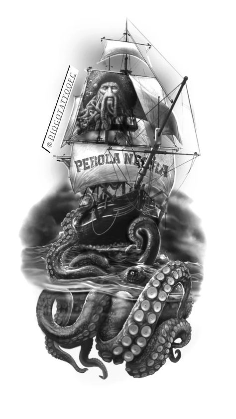 Montagem de tattoo Black And Grey Pirate Ship Tattoo, Shipwreck Tattoo, Pirate Sleeve, Ship Tattoo Sleeves, Sea Monster Art, Nautical Tattoo Sleeve, Ocean Sleeve, Pirate Ship Tattoo, Tattoo Perna