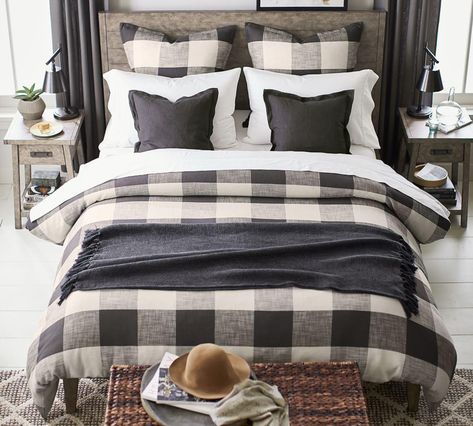 Bryce Buffalo Check Cotton Duvet Cover & Shams - Charcoal | Pottery Barn Canada Rustic Duvet Covers, Black Buffalo Plaid Bedding, Check Duvet Cover, Farmhouse Bedroom Buffalo Plaid, Buffalo Check Bedding Ideas, Black Buffalo Plaid Bedroom, Black Buffalo Check Bedroom, Patterned Duvet Covers, Buffalo Check Bedroom Ideas