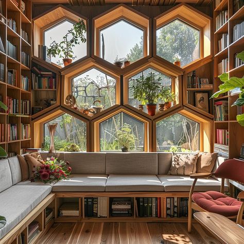 Introducing our hexagonal biophilic bookshelf: a sustainable, modular design inspired by nature. Crafted with organic geometry and earthy tones, it offers versatile storage while bringing the outdoors in, creating a tranquil and harmonious space. Conceptual AI Art Follow @ecosapiens for more! Nature Inspired Furniture Design, Biomimicry Interior Design, Dream House Decor Living Room, Architecture Inspired By Nature, Organic Bookshelf, Earth Interior Design, Biophilic Design Interiors, Organic House Design, Biomimetic Architecture