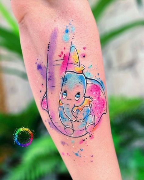 Dumbo Watercolor Tattoo, Colour Lily Tattoo, Disney Tattoo Color, Disney Color Tattoos, Disney Tattoos Watercolor, Cute Dumbo Tattoo, Dumbo And Mom Tattoo, Dumbo Tattoo Ideas, Watercolor Disney Tattoo