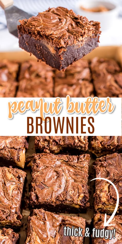 Peanut Butter Brownies: fudgy, homemade brownies with swirls of creamy peanut butter! If you love chocolate peanut butter treats, you're going to LOVE these! Peanut Butter Desserts Easy, Peanut Butter Brownies Recipe, Brownies Fudgy, Chocolate Peanut Butter Brownies, Super Easy Desserts, Brownies Recipe Homemade, Butter Brownies, Swirl Brownies, Peanut Butter Desserts