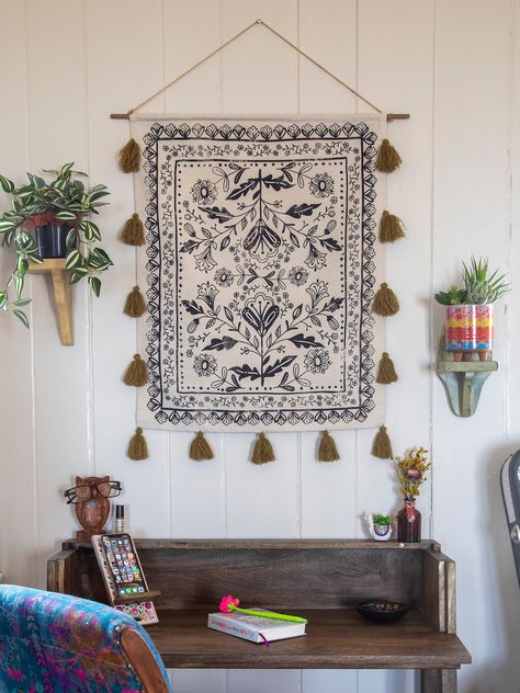 Gallery Wall With Tapestry, Natural Life Tapestry, Tapestry Wall Hanging Living Room, Boho Art Bedroom, Home Office Wall Decor Artwork, Tattoo Wall Decor, Small Tapestry Wall Hangings, Painted Wall Hanging, Mexican Tapestry Wall Hangings